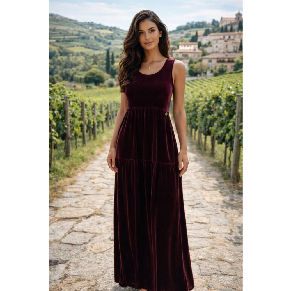 Vintage Burgundy Velvet Maxi Dress Studio Ease Romantic Valentines Wine Glam 12